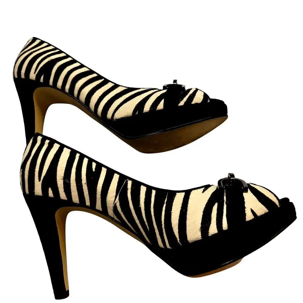 Chico's Shoes 7.5 Zebra Print Buckles Platform Open Toe High Heel Pump Stiletto